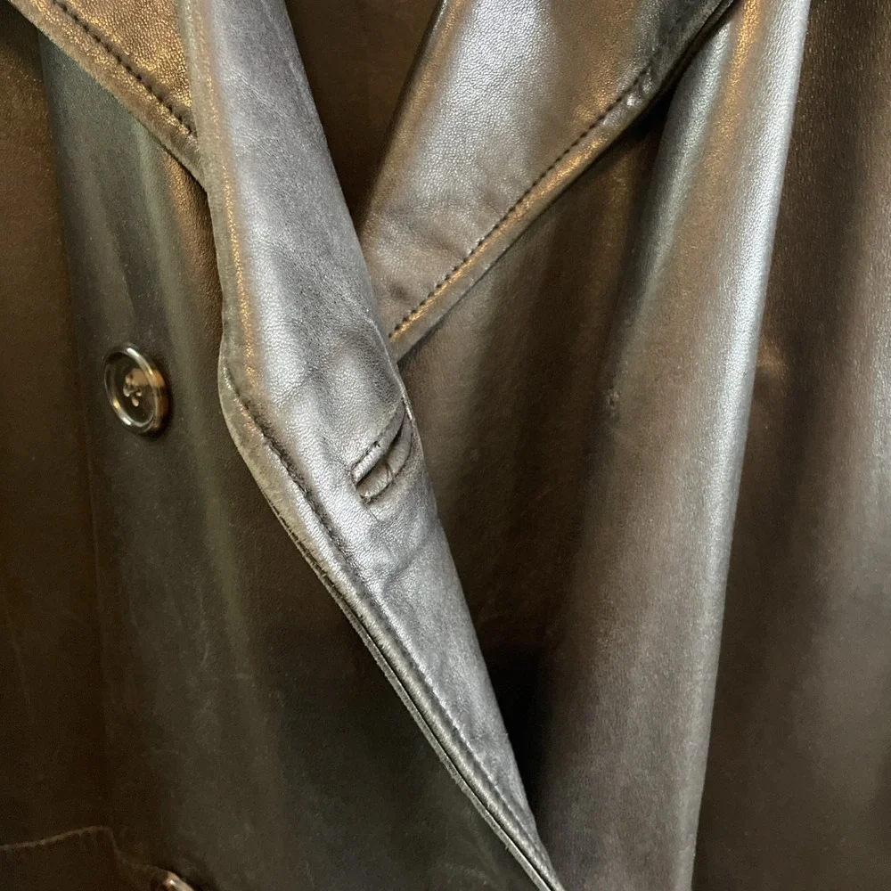 Vintage COACH Leather Women's Trench Coat Sz L Black 1996-1999 Soft Long Buttons